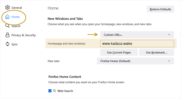 Firefox Instruction to change the homepage